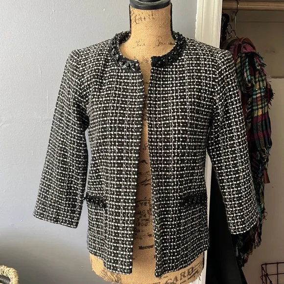Fenn Wright Manson Women’s Black & White Tweed Blazer with Crystal Details Sz S - Picture 2 of 8